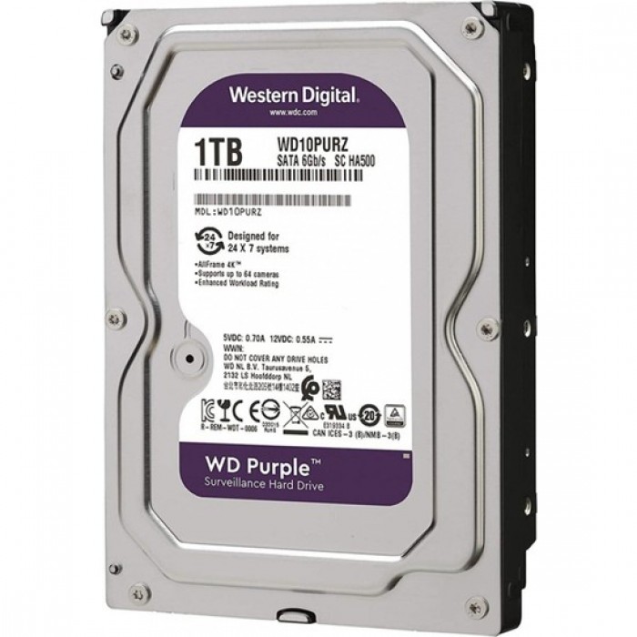 WD PURPLE 3,5" 1TB 64MB 5400RPM WD10PURZ Surveillance, SATA 3, 7/24, RAID, Güvenlik Disk